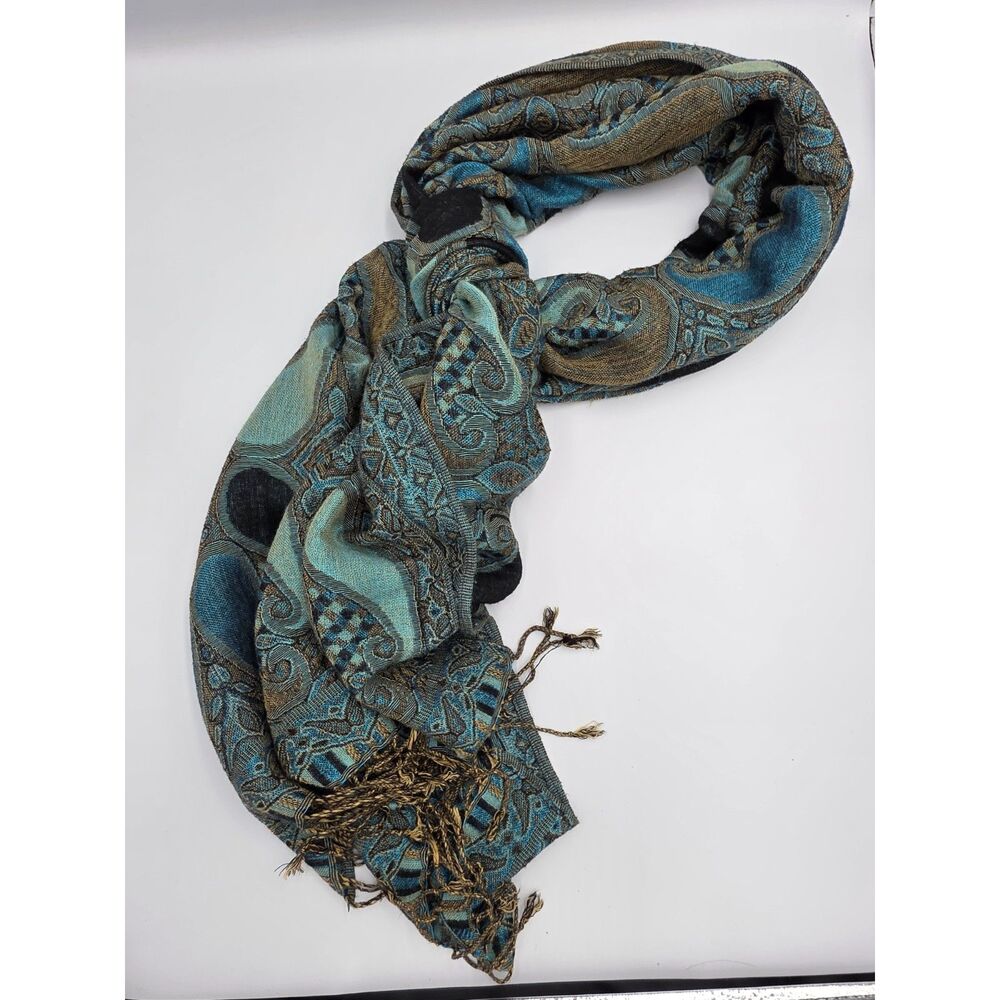 Pashmina Cerbaro Blue and Gold Paisley Scarf Cashmere Italy 74 x 28 Shawl Wrap